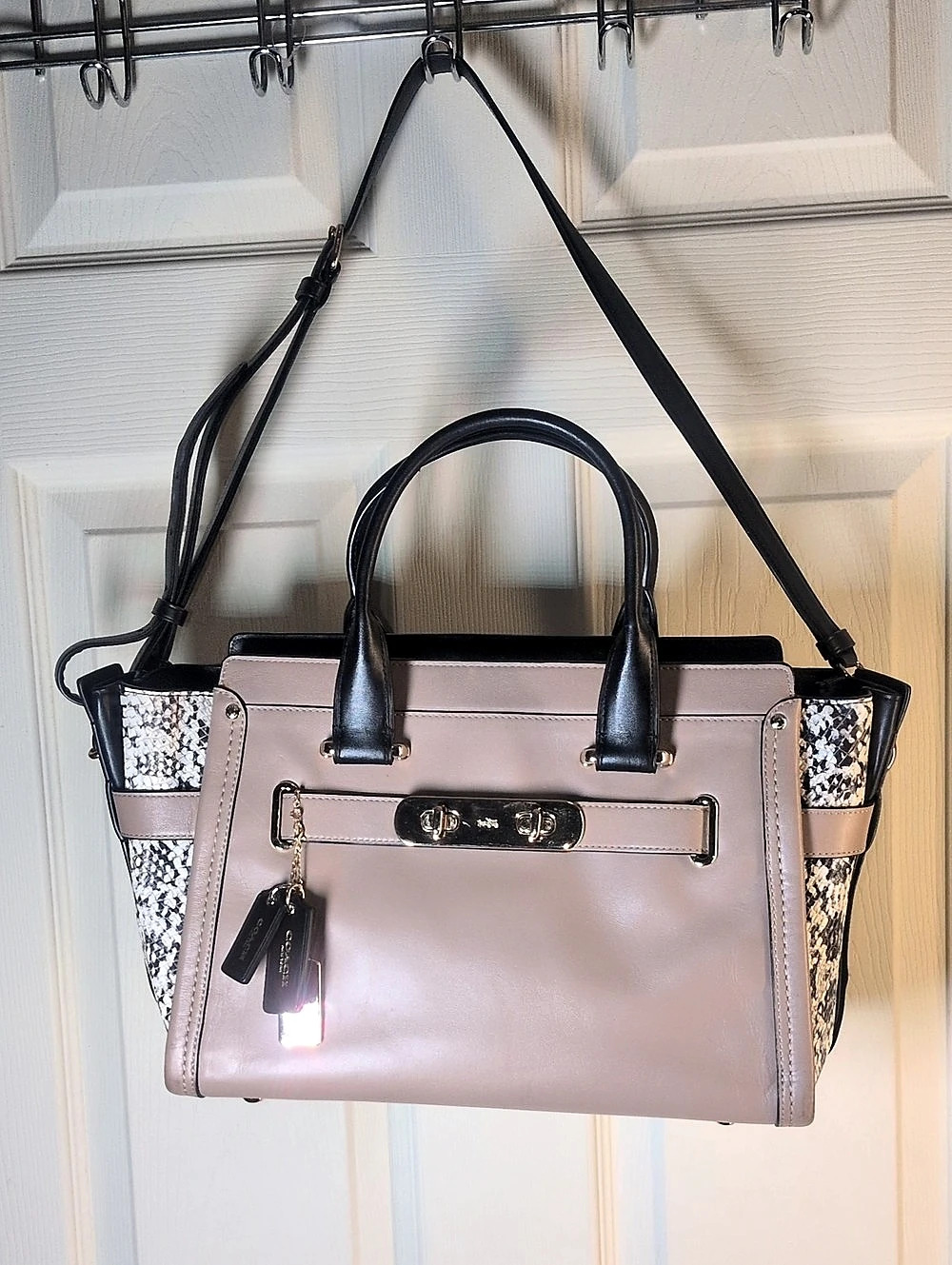 Coach Swagger 27 Carryall in Colorblock Leather with Snakeskin Details Shoulder